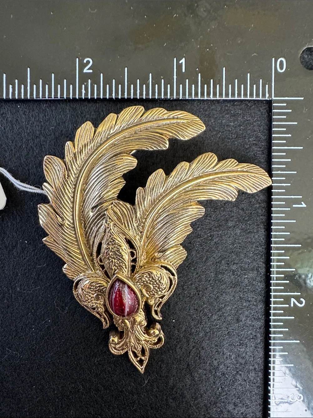 NWT Vintage 1928 Gold-Tone Feather Brooch and Earring Set with Red Cabochons
